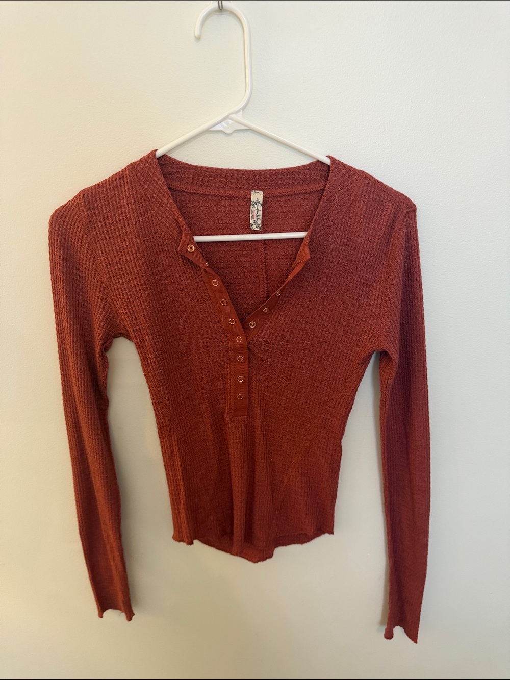Free People Rust Waffle Knit Henley Long Sleeve Top
